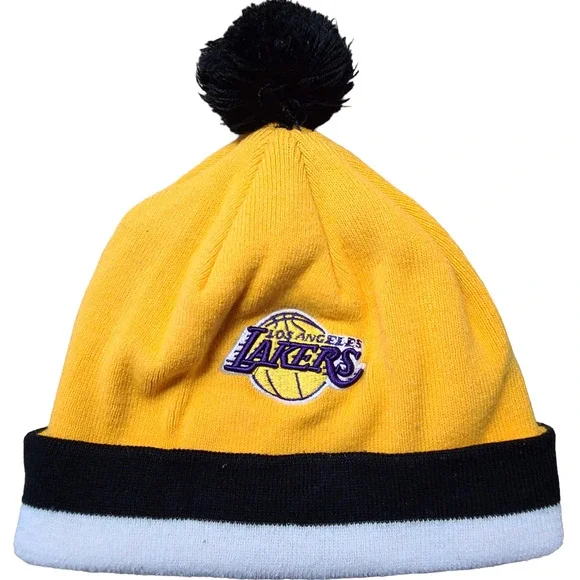 MITCHELL & NESS Hardwood Classics Los Angeles Lakes Knit Pom Pom Beanie Cap - Picture 1 of 9